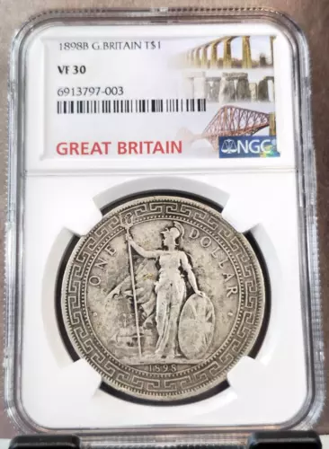 1898 GREAT BRITAIN SILVER TRADE DOLLAR T$1 BRITANNIA NGC VF 30 SCARCE COIN