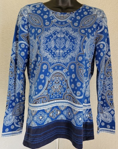 Talbots Womens Shirt Top Blouse Size MP Medium Petite Blue Black White Paisley - Picture 7 of 24