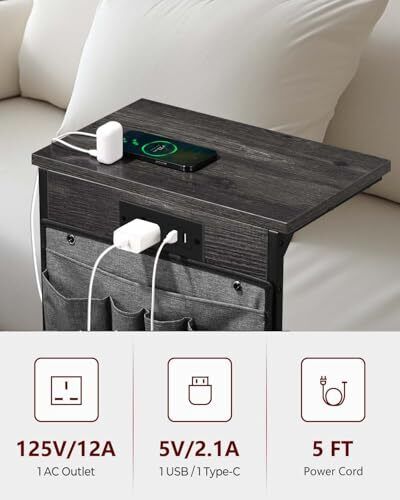 C Shaped End Table with Charging Station, Small Side Table for 1 Deep Gray - Picture 4 of 7