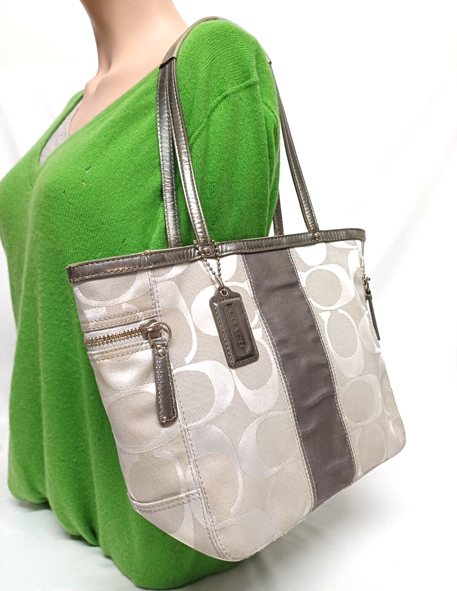 COACH SIGNATURE STRIPE LIGHT GRAY JACQUARD Y2K TOTE HANDBAG 13280