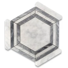 C35GXP Carrara White Bardiglio Marble 5" Hexagon Strip Georama Geometric Tile