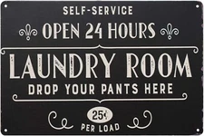 Open 24 Hours Laundry Room Vintage Retro Metal Sign Home Bathroom Laundry