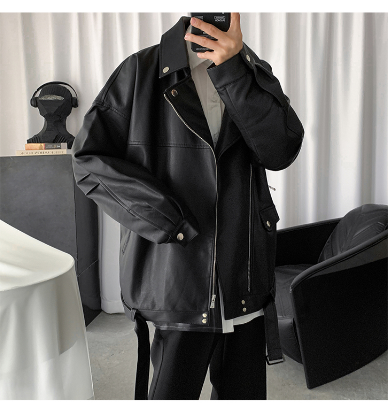 Men's 2023 Spring Black Oversized Faux Leather Biker Jacket Loose Fit