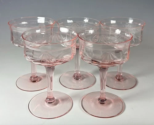 Pink Depression Glass Etched Champagne Glass 5” Tall Set Of 5