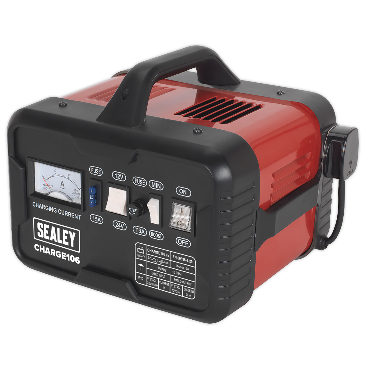 Sealey Battery Charger With Sturdy Carry Handle 8Amp 12V 24V 230V CHARGE106