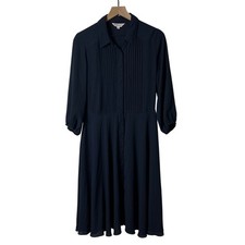 Nanette Lepore Womens Shirtdress Navy Blue Size 8 Pintuck Pleated Midi Button Up