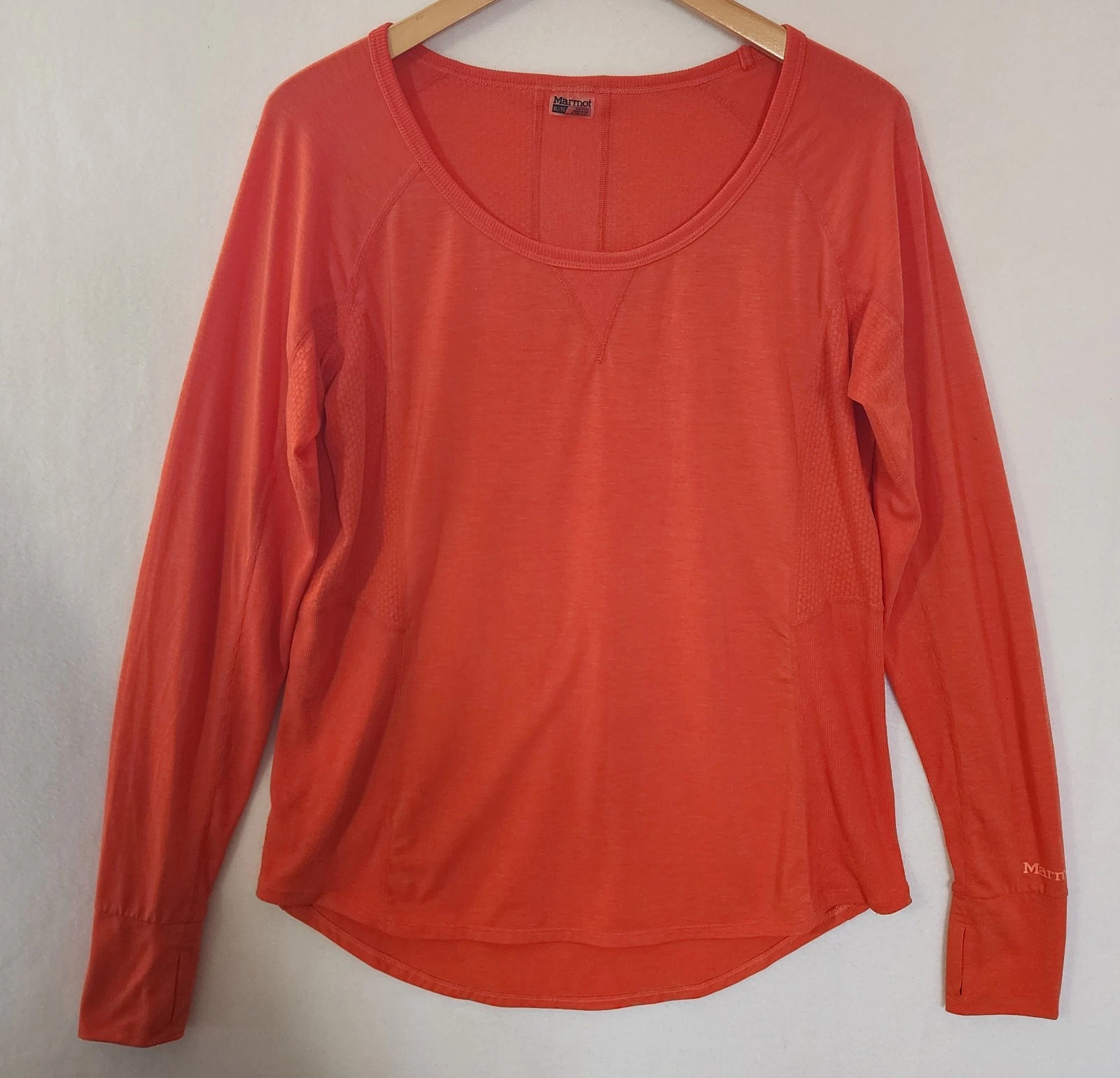 MARMOT Womens XL Crew Neck Orange Thumbhole L/S BASE LAYER SHIRT Top Gorpcore