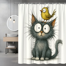 Cute Cat and Bird Shower Curtain for Kids Bathroom, Fun Design