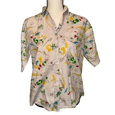 Gap Short Sleeve Blouse Women's Small White Summer Beach Scene Hawaiian VNTG 90s