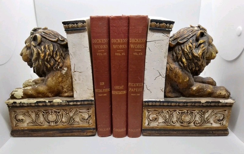 Old Lion Book Ends, Chalkware Cast, Regal Lions Laying Down. Hollywood Regency 