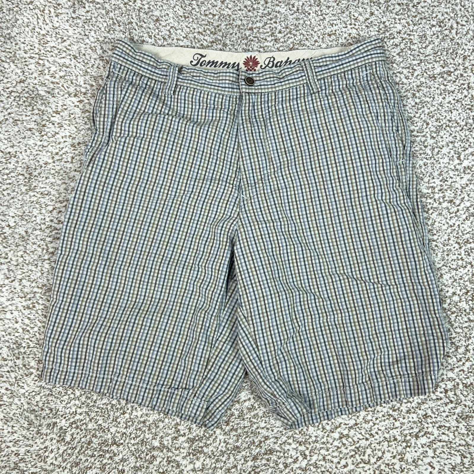 Tommy Bahama Shorts Mens 32 Blue Check Linen Silk Casual Summer Lightweight
