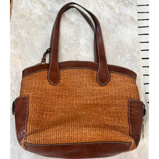 Fossil Woven Jute Shoulder Bag Brown With Leather Straps and Key Charm Medium