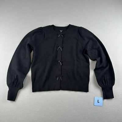 Express Women's Black Causal Fit Bow Snap Button Lightweight Cardigan Size Large