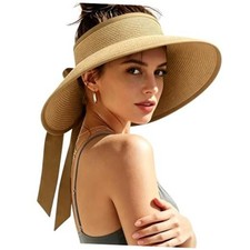 Women's Sun Visor Hats Wide Brim Beach Hat Straw Ponytail Visor Khaki01