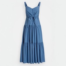 Women's Ralph Lauren Cotton Tiered Midi Dress Size 12 Blue Tie Front A-Line