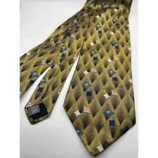 J. Ferrar Mens Silk Necktie Olive Green Gold Blue Geometric Diamond Made in USA