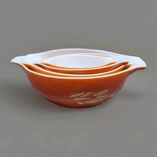Vintage Pyrex Autumn Harvest Wheat Cinderella Mixing Bowls Set Of 4