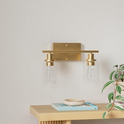 Elegant 2-Light Gold Wall Sconce - Dimmable Brushed Brass Bathroom Lighting - Picture 4 of 10