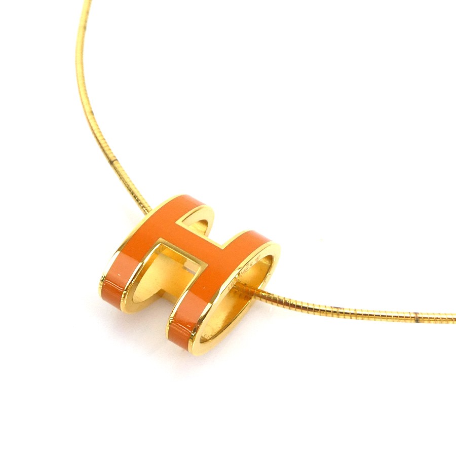 Auth HERMES Pop H Necklace Gold/Orange Metal/Enamel