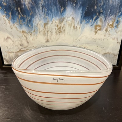 Henry Dean Belgium Art Glass 10'' Bowl White Brown Stripes Signed Sticker/Details