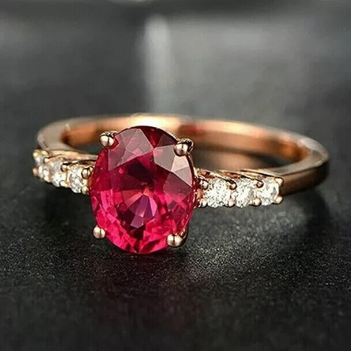 Red Ruby 2.5Ct Oval Cut Lab Created Engagement Ring 14K Rose Gold Plated - Picture 6 of 7