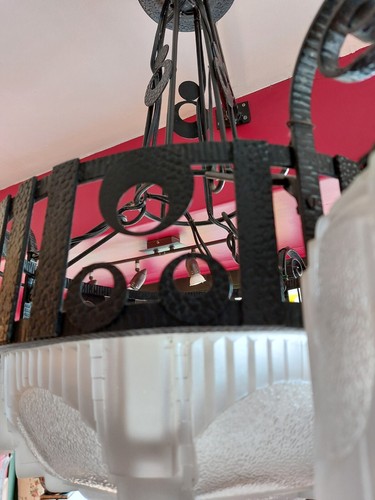 Art Deco Chandelier Muller Brothers Lunéville Wrought Iron 4 Lights Glass Signed - Picture 6 of 15