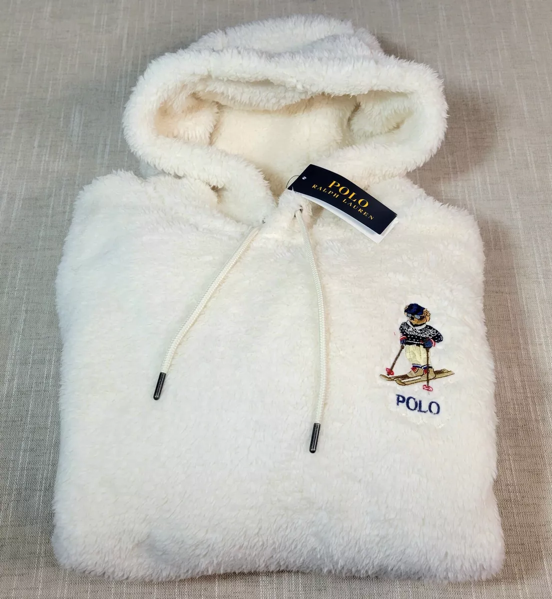 RALPH LAUREN Polo Bear Hoodie Medium Large Mens White Plush Sweater Fleece