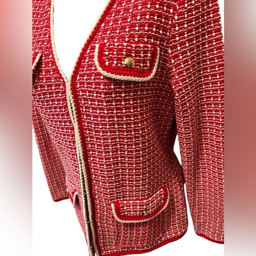 VTG Talbots Petites Tipped Tweed Knit Sweater Cardigan Jacket Sz SP Red White - Picture 6 of 9