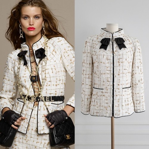 CHANEL 19P BLACK BOW TIE POINT GOLD STITCH TWEED IVORY JACKET FR36