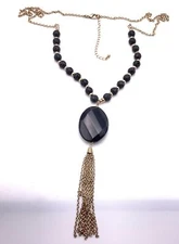 Long Boho Black Lava Beaded Faceted Oval Pendant Gold Chain Tassel Necklace 