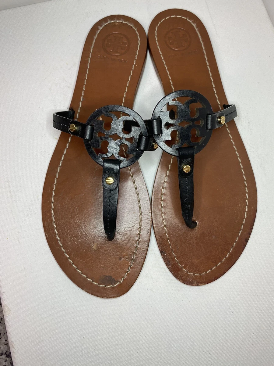 Tory Burch Mini Miller Brown Leather Thong Logo Flat Sandals Size