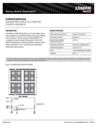 Kingston PC2-5300 2GB SO-DIMM 667 MHz DDR2 SDRAM Memory (KVR667D2S5K2/4G) - Picture 2 of 2