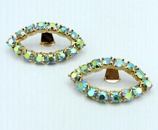 Vintage Aurora Borealis Rhinestone Oval Shoe Clips Gold Tone