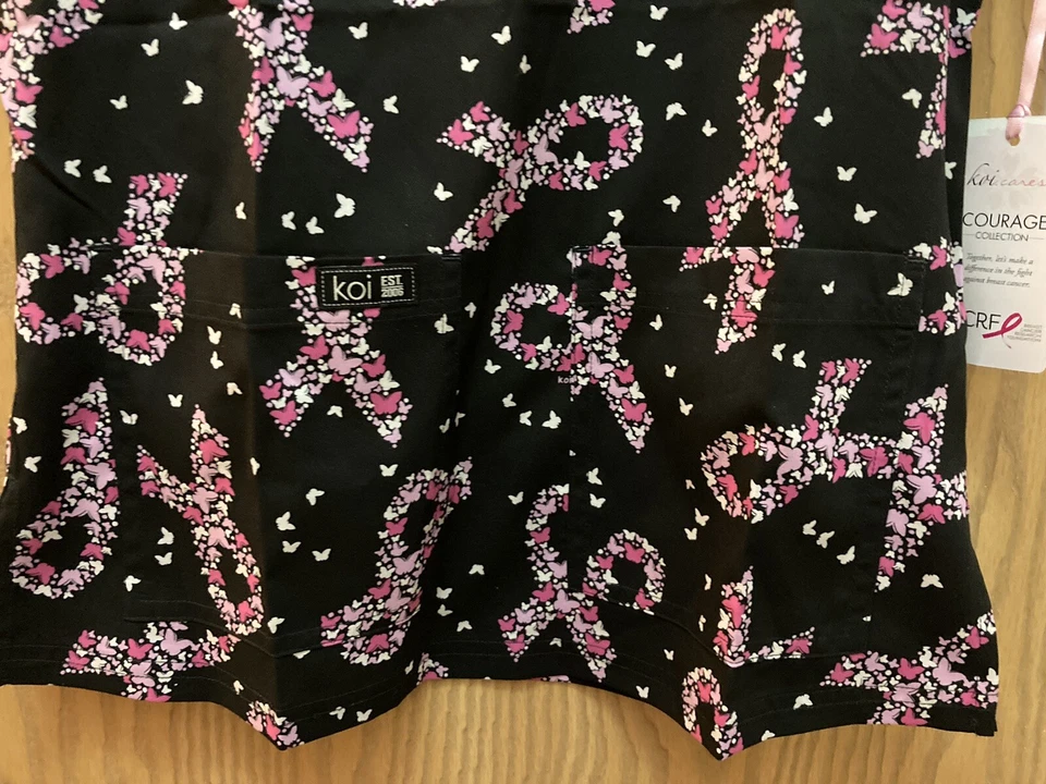 NWT Womens Koi Basics Scrub V-neck Top Breast Cancer Ribbon SIZE XS Black Pink - Image 2 of 4