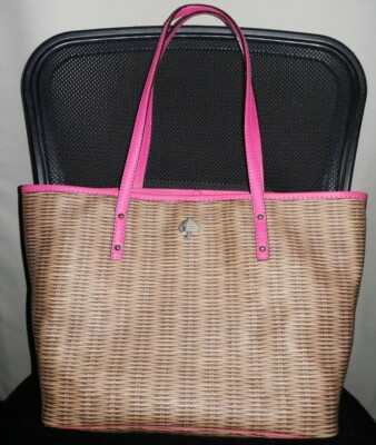 NWT AUTH KATE SPADE GRAINY VINYL BASKET PATTERN BEACH TOTE BAG PURSE_BROWN/PINK