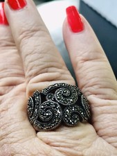 Vintage Sterling Silver Filigree Wide Ring Marcasites Signed NF 925 Sz 7