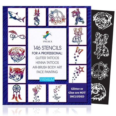 Premium Stencils Set - 146 Unique Artistic Glitter Tattoo Stencils for Kids, ...