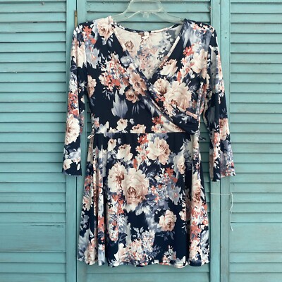 PinkBlush Babydoll Blouse Shirt ~ Sz L ~ 3/4 Sleeve ~ Blue ~ Floral ~ Stretchy