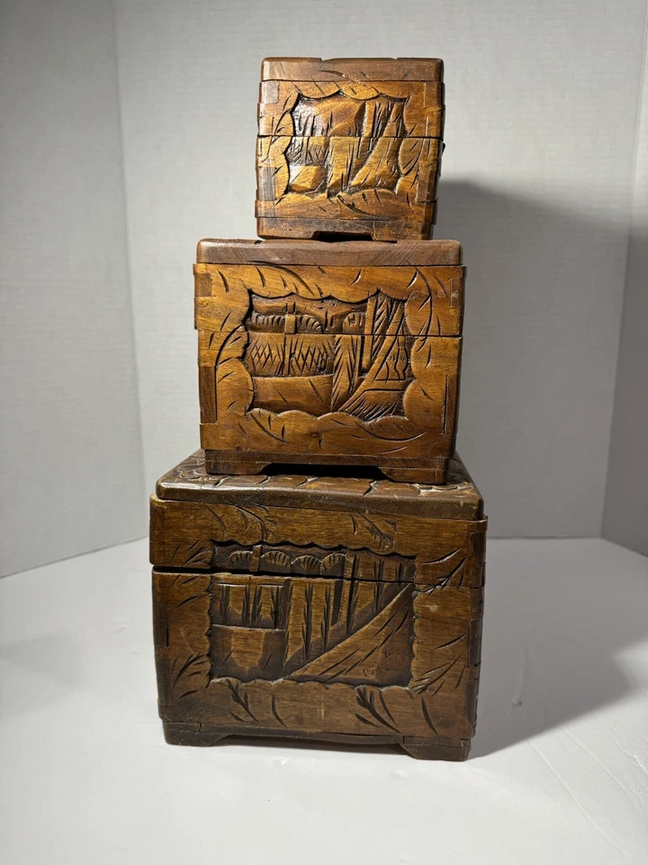 古董中国樟脑木箱嵌套深雕刻盖嵌套双尾 — 第 3/4 张图片