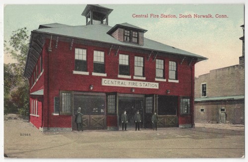 1910 South Norwalk CT Connecticut Central Fire Station & Men - Vintage Postcard