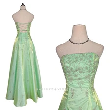 Vintage Cache Prom Dress Maxi Ball Gown XS Green Fairy Princess Y2K Corset Bead