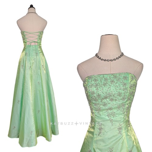 Maxi Vestido de Baile de graduación Cache Vintage XS Verde Hada Princesa Y2K Corsé Cuentas - Imagen 1 de 15