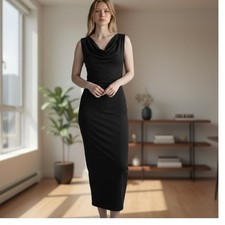 HALSTON NWT Black Cowl Neck Sleeveless Dress Sz LG Bodycon Wedding Formal Prom