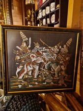 Vintage Asian Indian Batik Elephant Battle Scene Silk Embroided Framed Picture