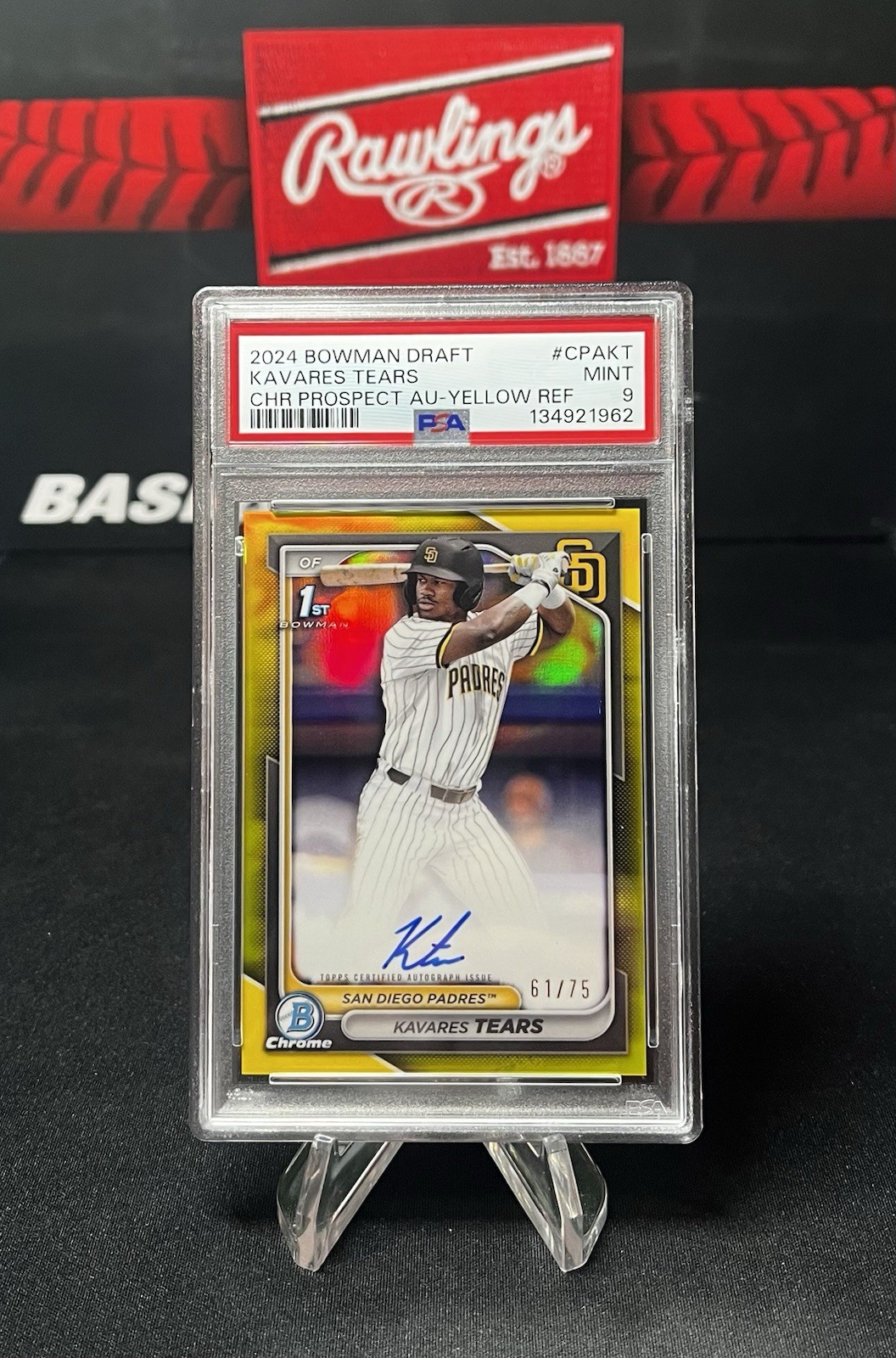2024 Bowman Chrome Draft Kavares Tears Yellow Refractor Auto /75 PSA 9 1st
