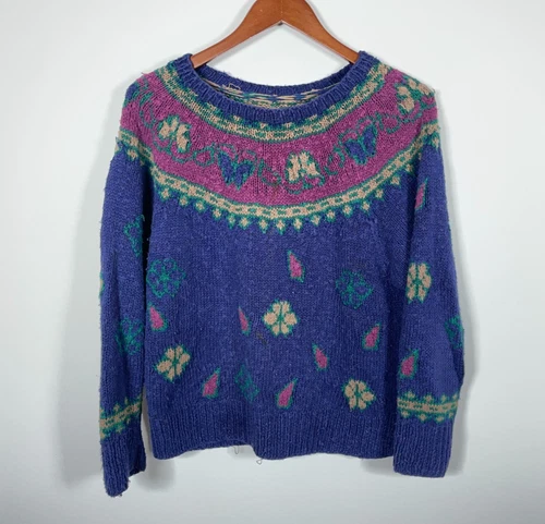 VTG Butterfly Floral Pattern Sweater Women's Medium Dark Blue Chunky Knit Boxy