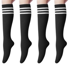 Knee High Socks for Women, Cotton White Long Tube Sock Black Stockings Stripe...