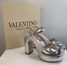 Valentino Garavani VLogo Platform Sandals Womens US9.5 EU39.5 Metallic Silver