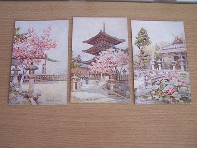 3 Japan Serie Vintage Steck Postkarten Blumen und Gärten von Japan Ella du Cane