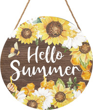 Hello Summer Sign 12 x 12 Inch Summer Themed Sunflower Welcome Sign Front Door D